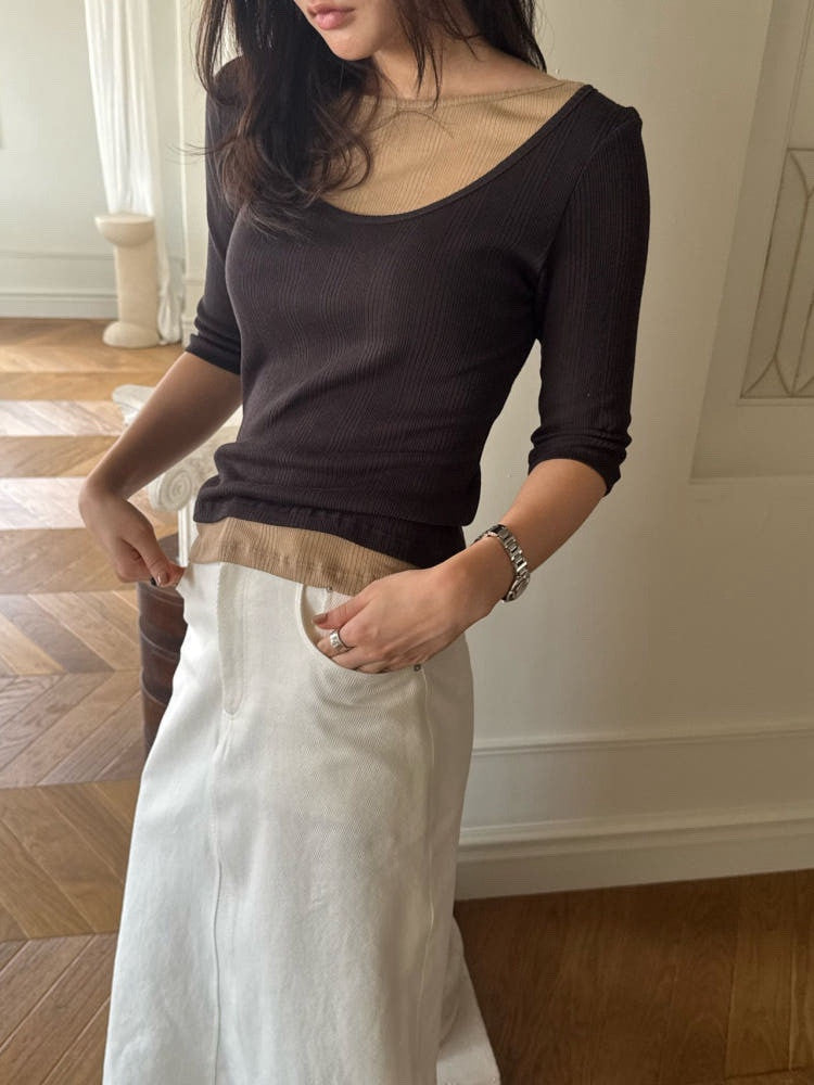 Neutral Layered Ribbed Top